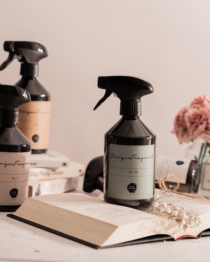 Stylish spray bottles of fragrance with pink flowers and books for a clean, modern aesthetic.