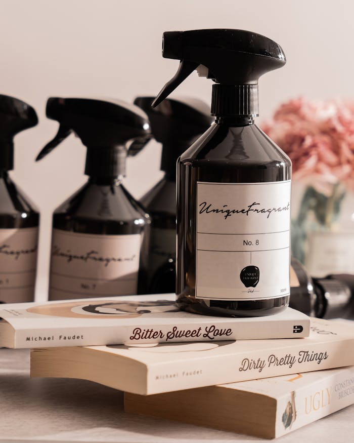 Stylish display of black spray bottles with books on a white table setting.